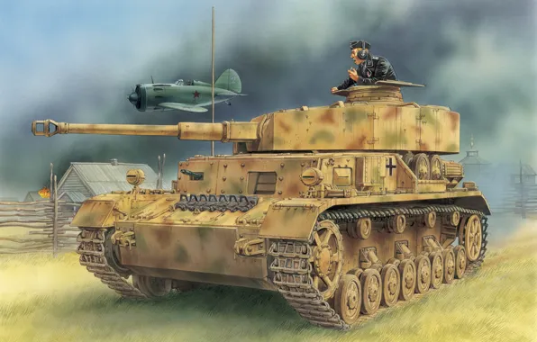 Картинка самолет, рисунок, деревня, И-16, вермахт, панцер 4, средний танк, Panzerkampfwagen IV