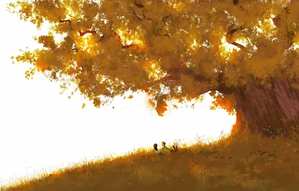 Картинка девушка, дерево, арт, пара, парень, крона, нарисованный пейзаж