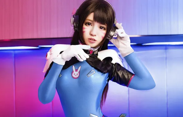 Картинка long hair, model, women, cosplay, Overwatch, looking at viewer, D.Va, parted lips