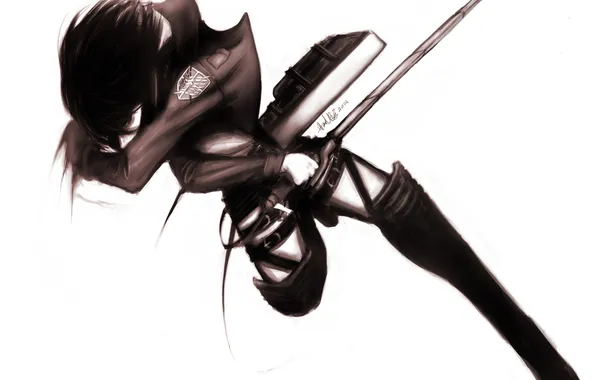 Девушка, оружие, арт, белый фон, Mikasa Ackerman, Атака Титанов, Микаса Аккерман
