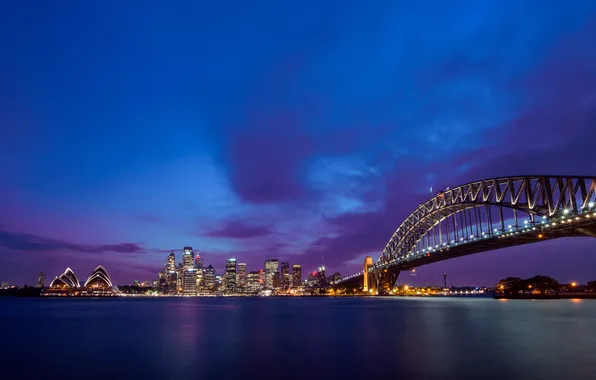 Мост, город, огни, пролив, вечер, Central Business District, Sydney CBD, the Sydney Opera House