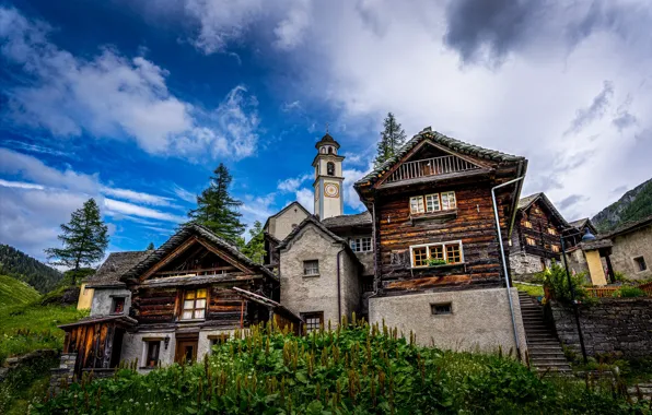 Лес, небо, облака, деревья, горы, дома, Швейцария, склон