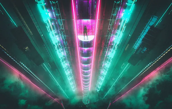 Девушка, Музыка, Здание, Фон, Лифт, Cyberpunk, Synth, Retrowave