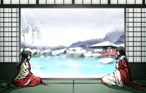 Картинка зима, снег, мост, пруд, девушки, кимоно, game, g yuusuke