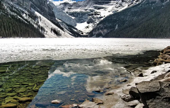 Картинка лед, вода, горы, отражение, камни