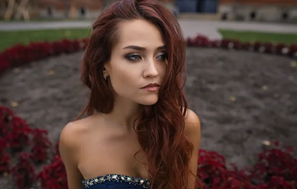 Картинка girl, Model, green eyes, long hair, dress, photo, flowers, garden