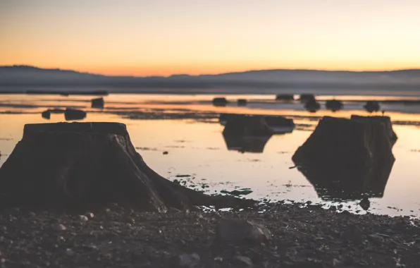 Twilight, sunset, lake, fog, hills, dusk, reflection, silhouette