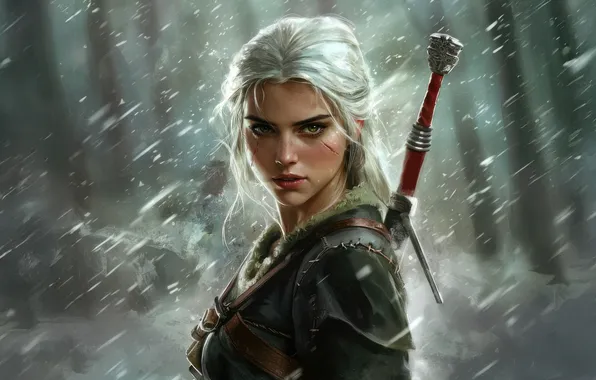 Snow, Forest, Ciri, AI Art, AI Generated, Yhe Witcher