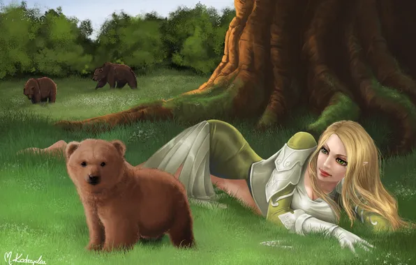 Картинка лес, девушка, деревья, эльф, медведи, арт, мишка, медвежонок