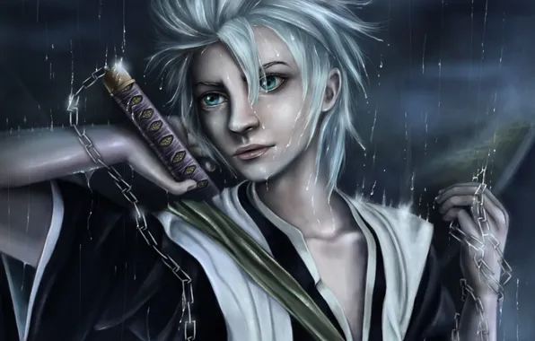 Дождь, меч, арт, парень, цепи, Bleach, Hitsugaya Toushirou