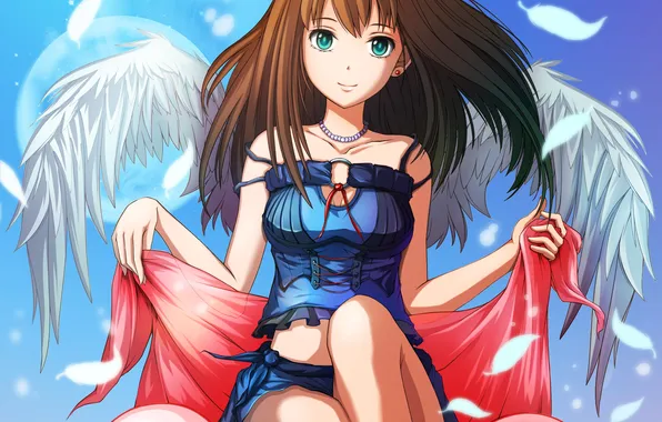 Небо, девушка, улыбка, крылья, аниме, перья, арт, idolmaster