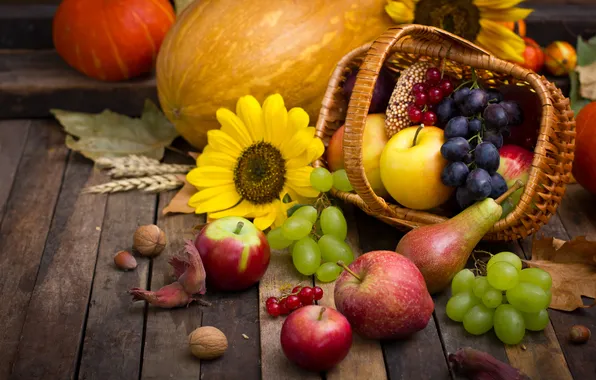 Картинка осень, урожай, тыква, autumn, leaves, nuts, still life, fruits