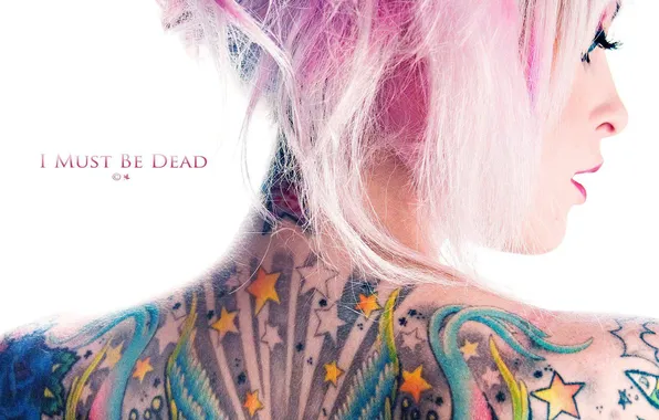 Девушка, надпись, спина, тату, татуировки, РОЗОВЫЕ ВОЛОСЫ, i must be dead