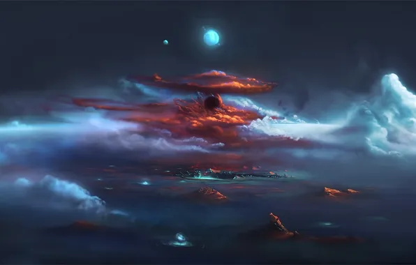 Картинка небо, облака, горы, скалы, луна, камень, шар, высота