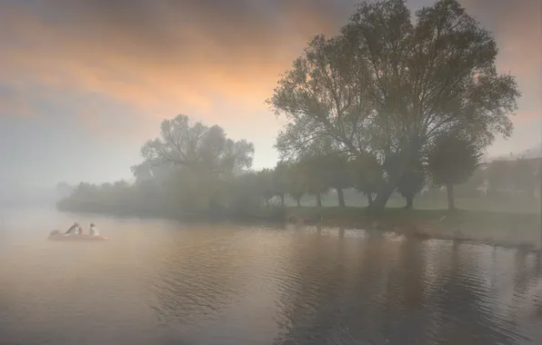 Картинка деревья, туман, река, утро, канал