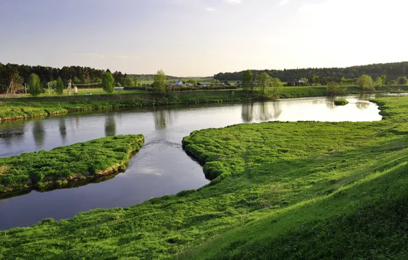 Картинка зелень, трава, вода, река, дома, деревня