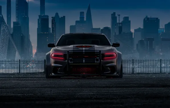 Картинка car, city, dodge, buildings, dodge charger srt hellcat