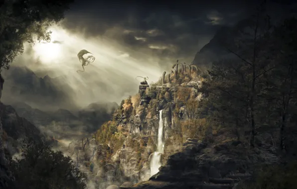 Картинка горы, дракон, водопад, skyrim, dragonborn