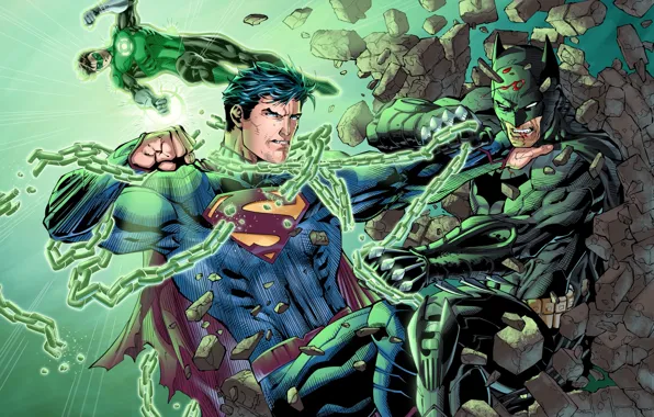 Картинка бой, цепь, Batman, Зелёный Фонарь, Green Lantern, Superman