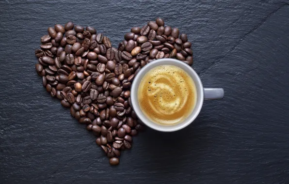 Картинка пена, сердце, кофе, зерна, чашка