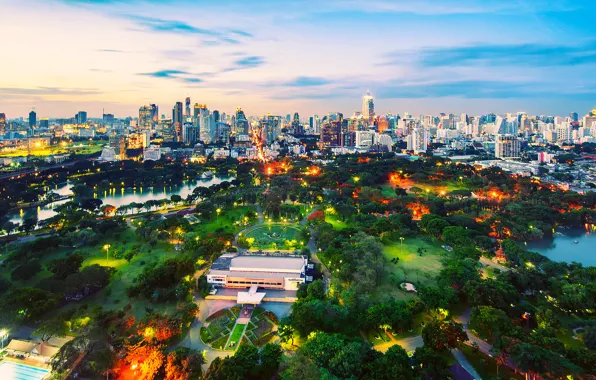 Деревья, парк, здания, фонари, trees, park, buildings, lamps