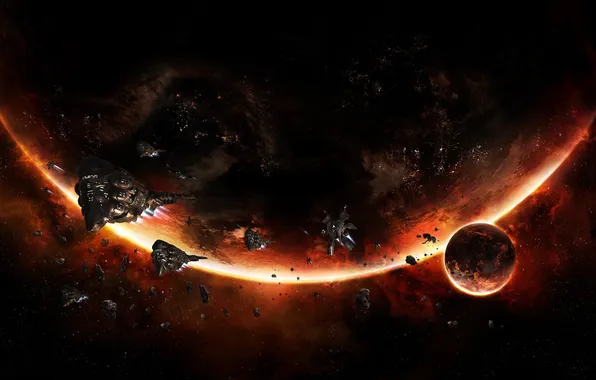 Картинка планеты, свечение, астероиды, флот, огненный, армада, космические корабли, EVE online