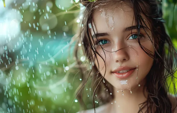 Взгляд, вода, девушка, капли, брызги, лицо, поза, улыбка