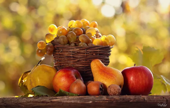 Картинка осень, свет, стол, корзина, еда, фрукты, дары, природы