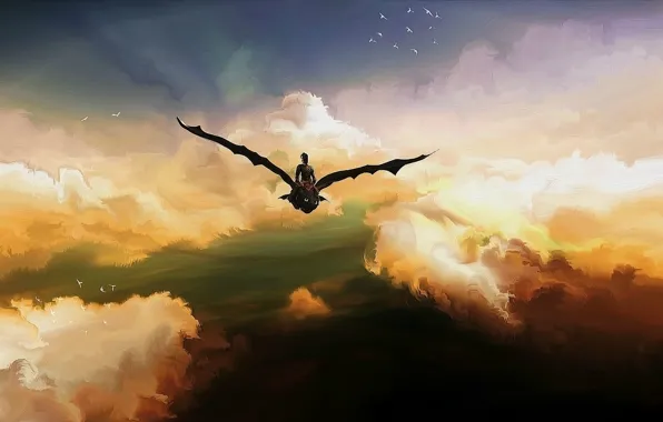 Картинка небо, птицы, Иккинг, Беззубик, Toothless, ночная фурия, Hiccup, How to Train Your Dragon 2
