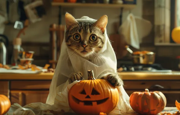 Кошка, кот, поза, наряд, тыква, Хэллоуин, мордашка, привидение