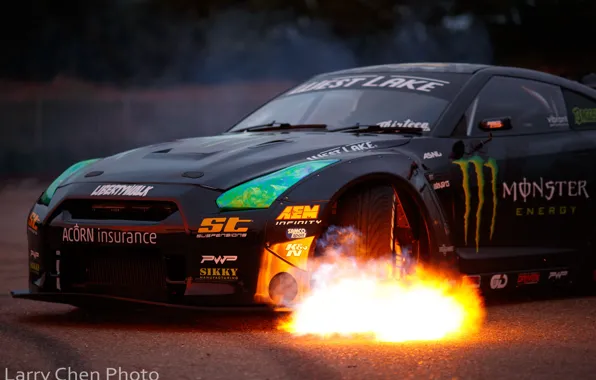 Огонь, пламя, Nissan, GT-R, drift, Monster Energy, R35, Larry Chen