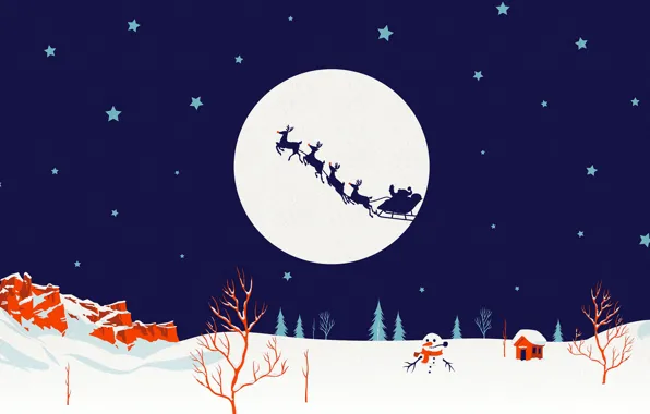 Зима, луна, силуэт, Рождество, Санта, снеговик, сани, олени
