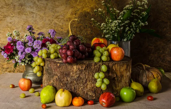 Картинка цветы, яблоки, букет, виноград, тыква, фрукты, натюрморт, овощи