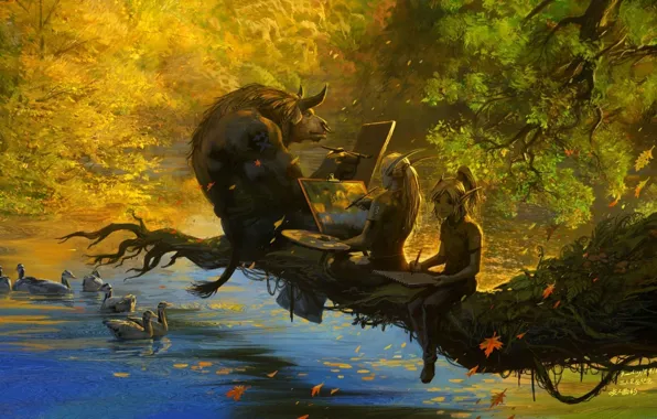 Картинка осень, озеро, ветка, эльфы, WoW, World of Warcraft, листопад, таурен