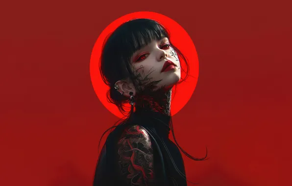 Tattoo, Red Eye, Anime Girl, AI Generated