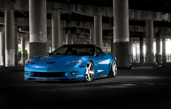 Картинка синий, мост, Z06, Corvette, Chevrolet, шевроле, blue, корвет