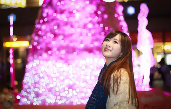 Beautiful, Asian, Model, Smile, Lights, Night, Woman, Pretty