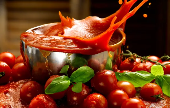 Листья, брызги, сок, чашка, красные, помидоры, томаты, боке