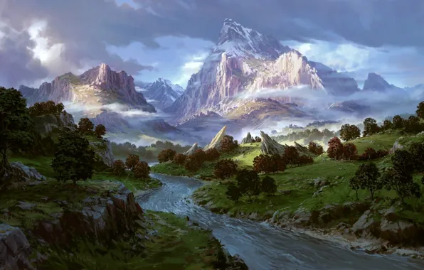 Картинка fantasy, river, landscape, mountains, snow