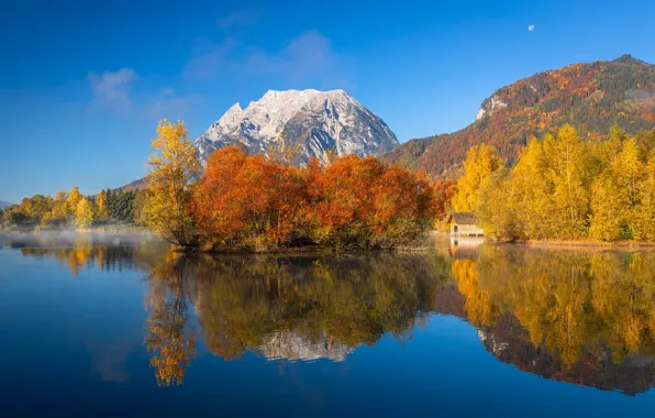 Осень, лес, горы, озеро, синева, берег, золотая освень