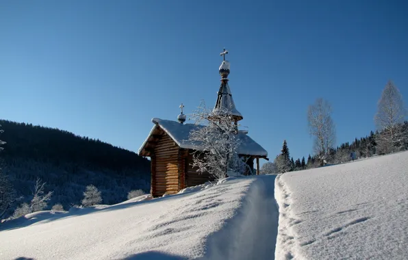 Картинка зима, небо, снег, храм
