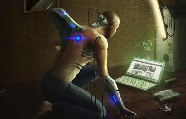 Картинка провода, мужчина, ноутбук, андроид, дискеты, жесткий диск