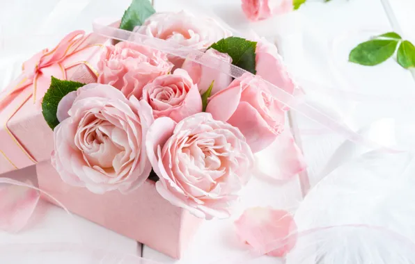 Картинка цветы, коробка, розы, rose, бутоны, box, pink, flowers
