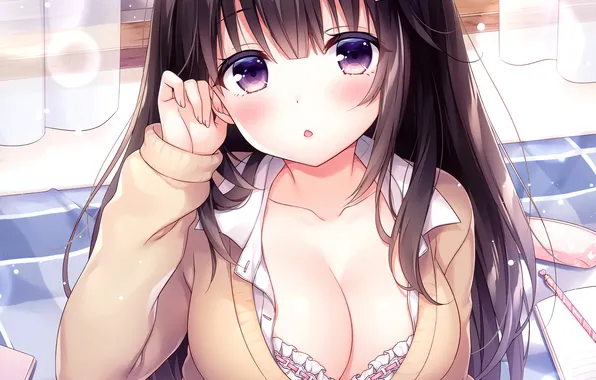 Girl, sexy, lingerie, bra, cleavage, long hair, boobs, anime
