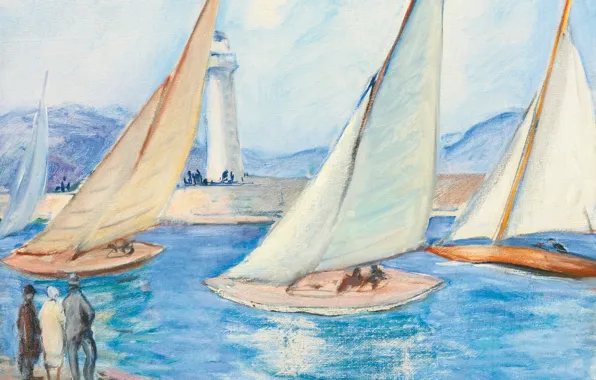 Море, пейзаж, маяк, картина, яхты, парус, Старт регаты в Сен-Тропе, Анри Лебаск