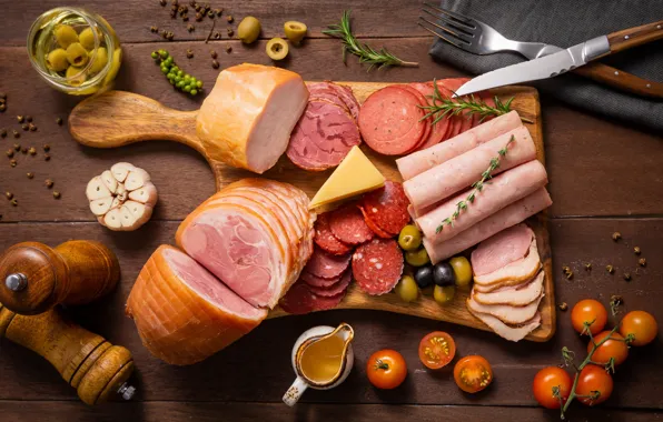 Сыр, мясо, помидоры, оливки, соус, колбаса, ассорти, ветчина