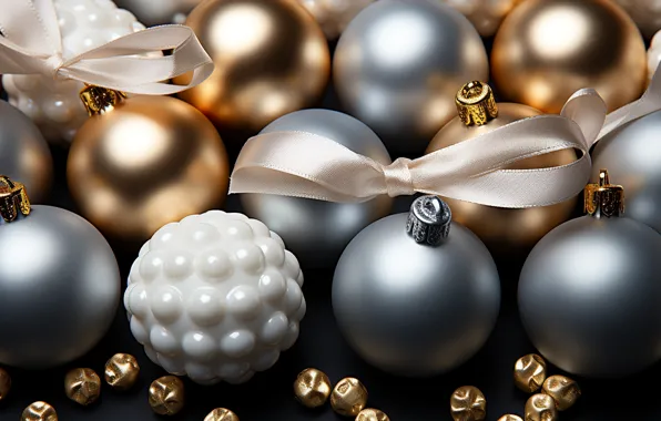 Шары, Новый Год, Рождество, silver, golden, new year, happy, Christmas