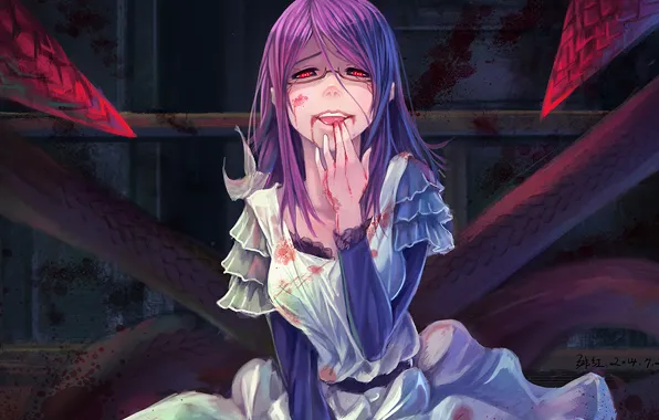 Девушка, кровь, платье, очки, красные глаза, Tokyo Ghoul, Токийский Гуль, Kamishiro Rize