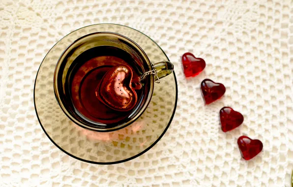 Картинка чай, сердце, чашка, сердечки, напиток, скатерть, заварник