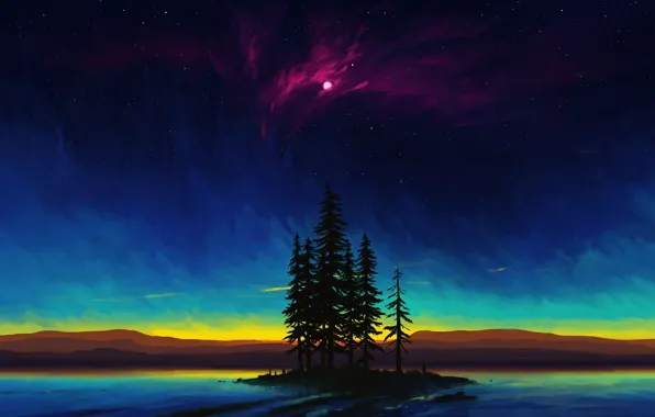 Moon, sky, trees, landscape, nature, night, art, lake